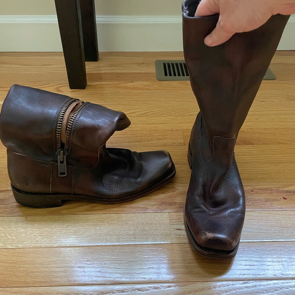 Frye boots, brown cognac color, calf height, zipper on inner seam, size 8